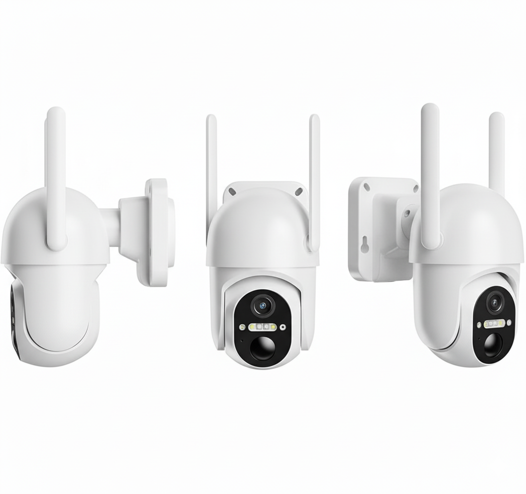 Diferentes vistas y ángulos de la cámara de seguridad blanca